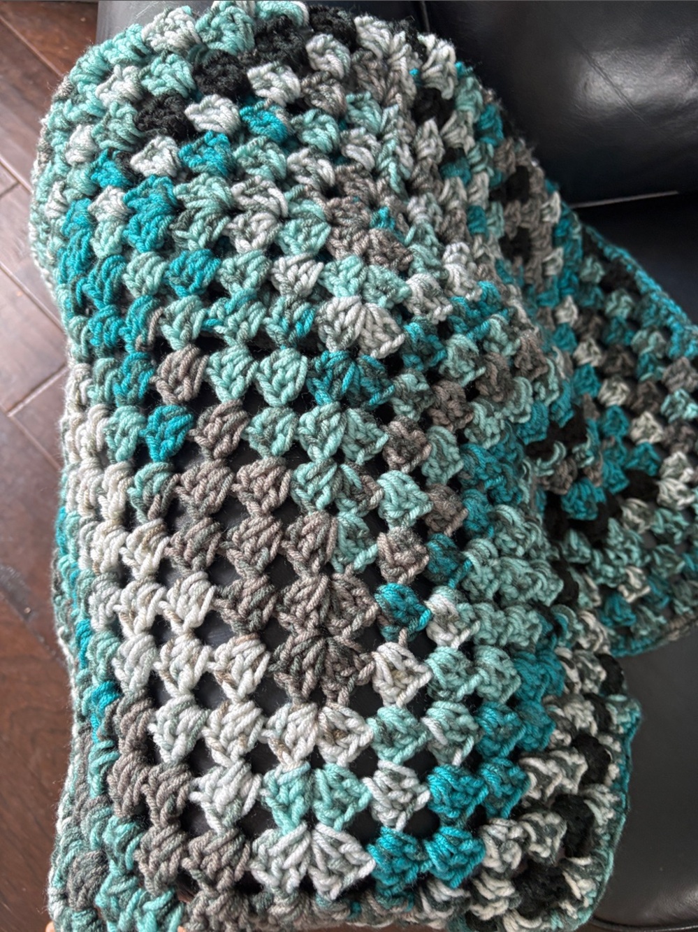 Handmade Crocheted Square Throw in Teal, Gray, Black - Picture 3 of 3